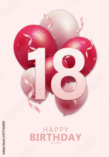 Happy 18th birthday with realistic red and rosegold balloons on light rose background. Set for Birthday, Anniversary, Celebration Party. Vector stock.
