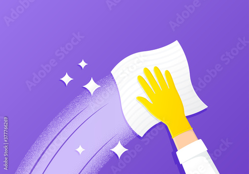 Cleaning and wipe surface. Antibacterial wet wipe. Gloved cleaner hand wipes with kitchen towel. Protective yellow rubber glove. Home hygiene. Clean and shine surface. Sanitize cleaning cloth. Vector