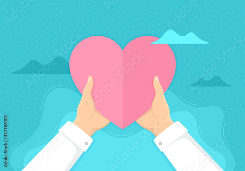 Hands holding paper love heart. Charity and volunteer help. Donate campaign or giving love background. Abstract flat heart in hand. Social charity help. Philanthropy and donations. People care vector