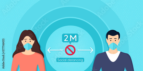 Social distancing for people. Man and woman character with surgical or medical face mask. Coronavirus self protection rule. Prevention from virus. Social distance and use of medical face mask. Vector