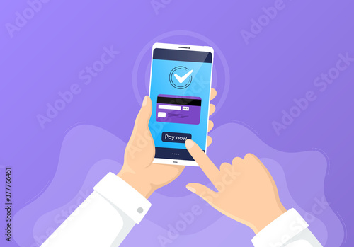 Pay by credit card from phone. Mobile cellphone banking app. Online e-payment by card. Hand hold smartphone. Online banking transaction process. Approve phone payment. Non-cash money. Vector
