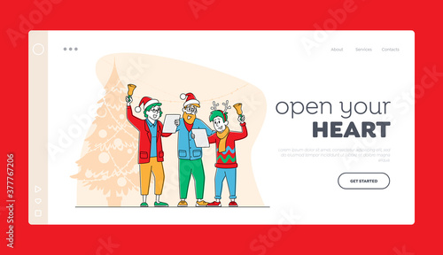 People Caroling at Xmas Night Landing Page Template. Happy Family Characters Wear Festive Hats Singing Christmas Songs