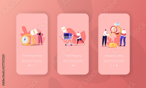 Pawn or Thrift Shop Mobile App Page Onboard Screen Template. Owner Character Looking on Gold Ring with Precious Gem