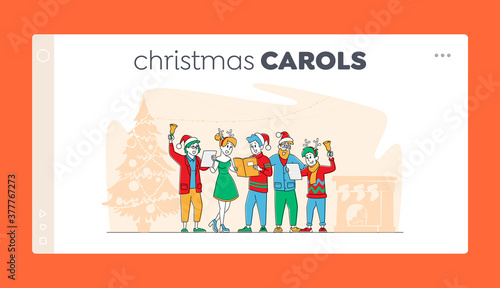 Friends Company or Family Caroling at Eve Night Landing Page Template. Christmas Characters in Hats Singing Xmas Carols