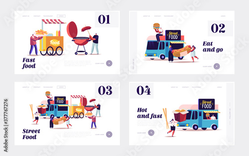 Characters Buying Street Food Landing Page Template Set. Tiny People with Huge Fastfood Burger, Hot Dog and Wok Noodles