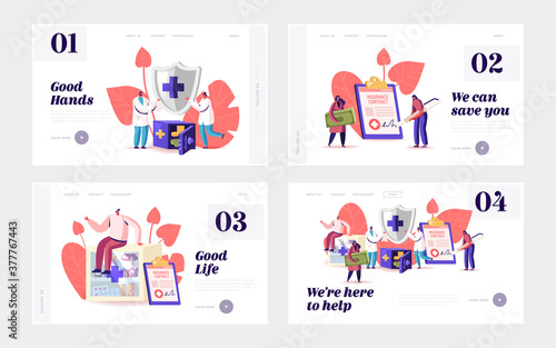 People Signing Health Insurance Landing Page Template Set. Tiny Characters Fill Health Policy, Doctors Holding Shield