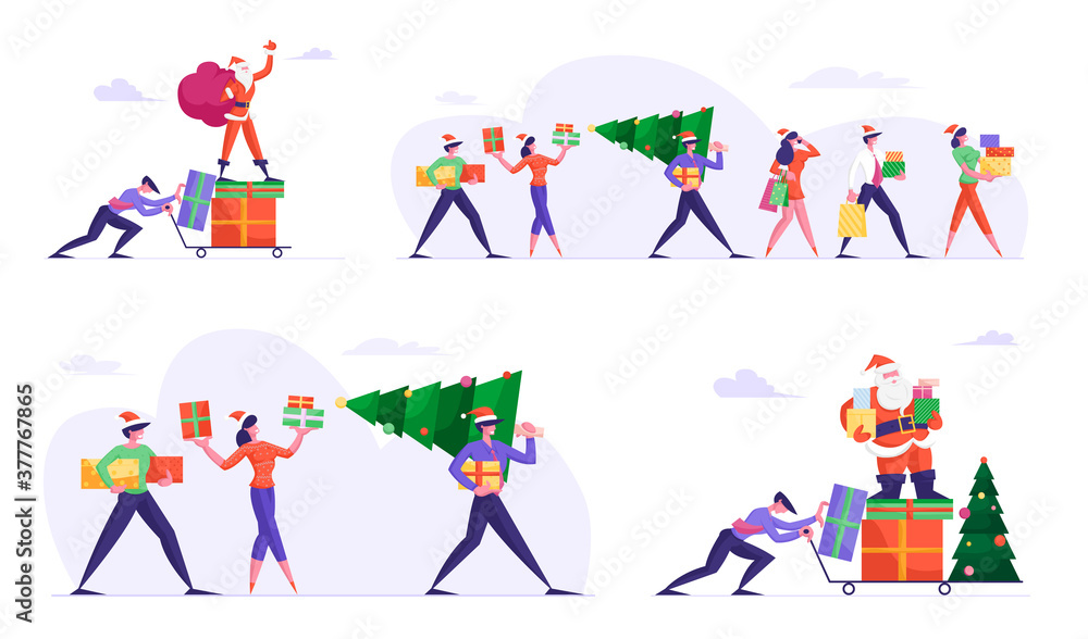 Set Business People Carry Fir Tree and Gifts, Man in Formal Wear Push Trolley with Santa Claus Standing on Presents Set Business People Carry Fir Tree and Gifts, Man in Formal Wear Push Trolley with Santa Claus Standing on Presents
