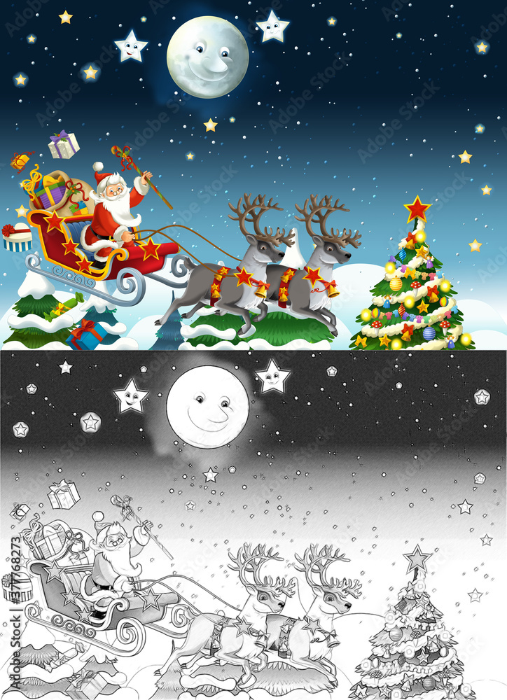 Fototapeta premium cartoon sketch scene with santa flying with reindeers deers