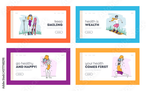 Characters Temper Landing Page Template Set. People Swimming in Ice Hole, Skiing without Clothes. Immunity Hardening