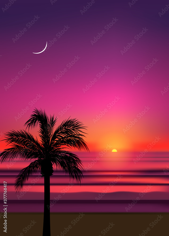 Summer tropical beach background with palms, sky sunrise and sunset ...