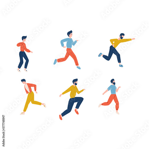 Set of running men in casual clothes. Young male jogging. Young male character run, sport walk runner flat vector illustration.