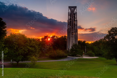 Sunburst at sunset at the Carillon bell tower in Naperville, Illinois just west of Chicago photo