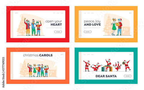 Friends, Happy Family Caroling at Eve Night Landing Page Template Set. Christmas Characters in Hats Singing Xmas Carols