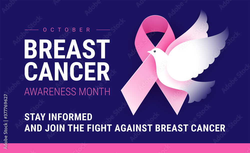Obraz premium Breast Cancer Awareness month October. Vector conceptual illustration for Breast Cancer Awareness event poster or banner. Pink ribbon, white dove of hope, dark blue background