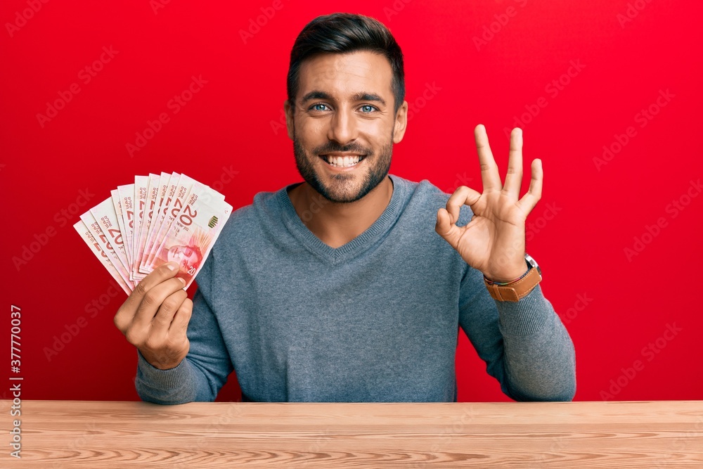 Handsome hispanic man holding israel shekels doing ok sign with fingers, smiling friendly gesturing excellent symbol Handsome hispanic man holding israel shekels doing ok sign with fingers, smiling friendly gesturing excellent symbol