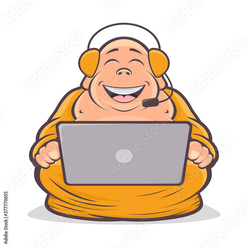 funny cartoon illustration of a happy buddha working with a laptop computer