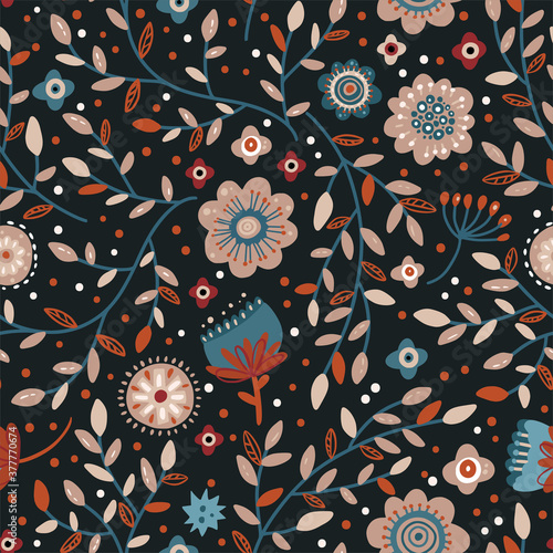 Nordic scandinavian floral botany folklore seamless vector pattern. Hand drawn cute cartoon flower illustration on a dark background. Folk art colorful ornate ethnic print.