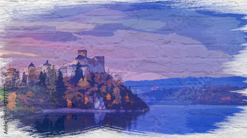 Stunning Niedzica castle by lake, watercolor painting