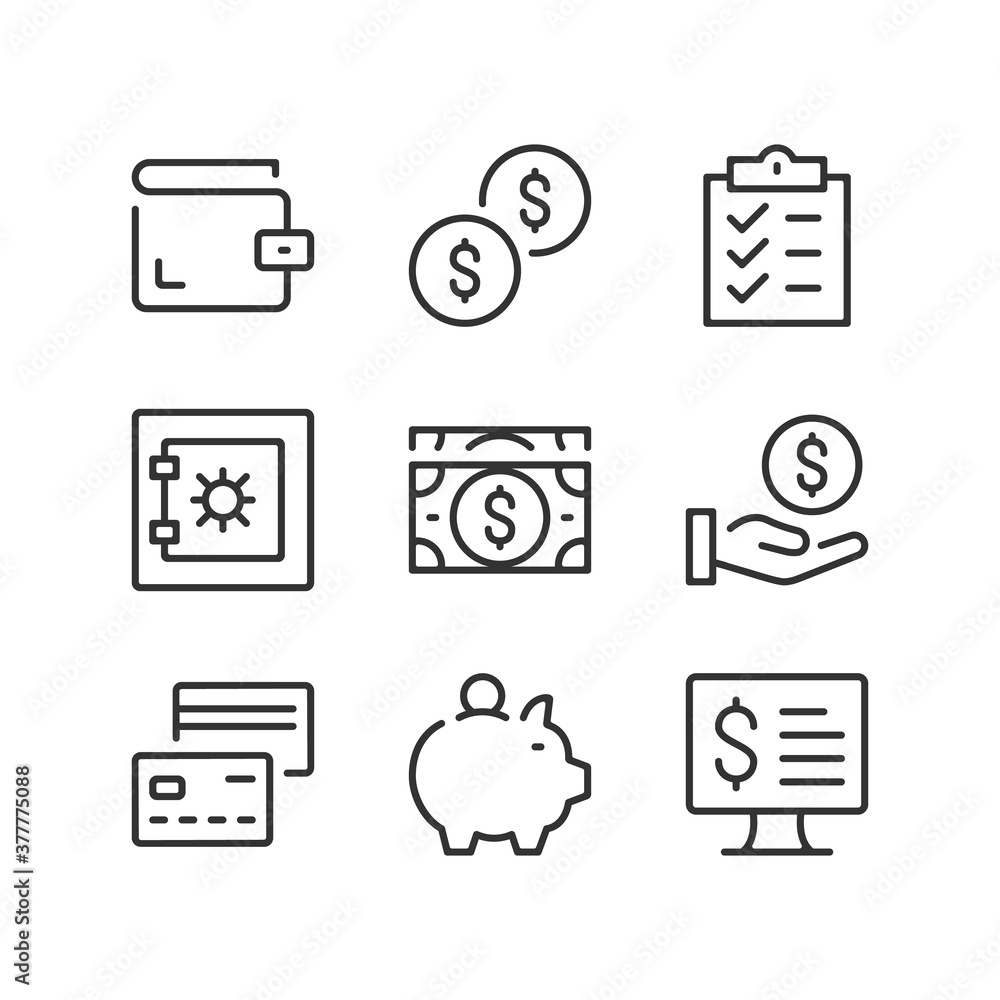Money line icons. Currency, financial symbols, cash, finance, savings concepts. Simple outline symbols, modern linear graphic elements. Thin line design. Vector icons set