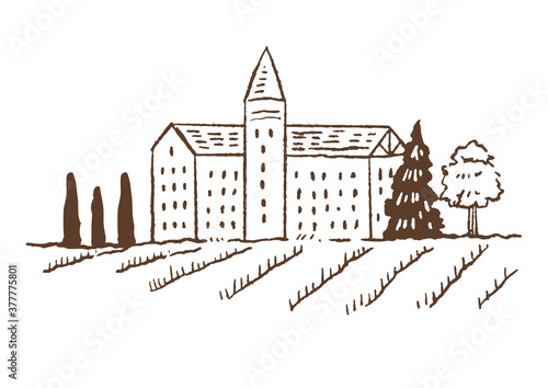 レトロでおしゃれな手描きイラスト素材：ヨーロッパの建物/田園風景/線画