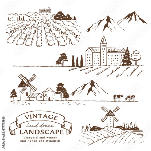 手描きイラスト素材：レトロなヨーロッパの風景/ぶどう畑/田園風景/風車/農場の線画セット