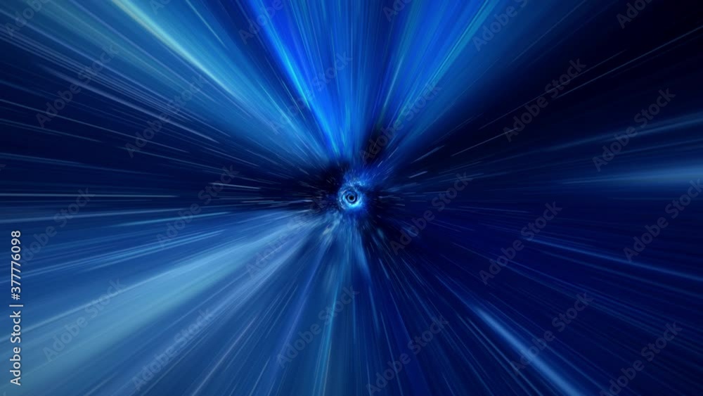 Warp tunnel wormhole moving in hyperspace, abstract blue energy vortex flying straight in loop.