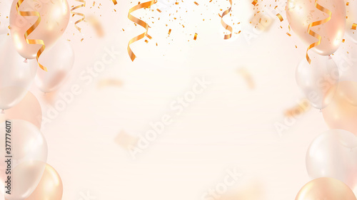 Holiday celebration vector illustration template. Empty light background with balloons and confetti for party or festival