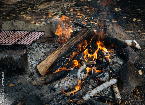 Grilled sausages on a campfire on vacations