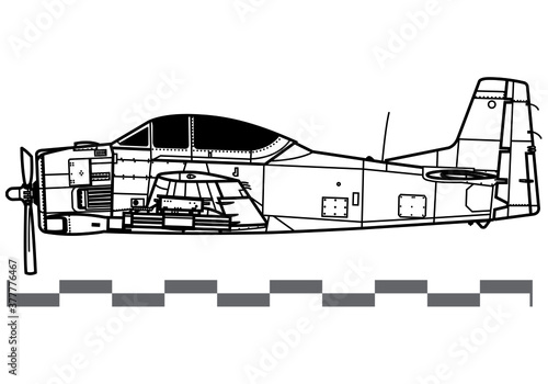 North American T-28 Trojan. Vector drawing of training and light attack aircraft. Side view. Image for illustration and infographics. photo