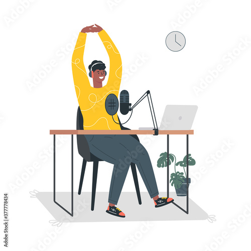 Radio host.Podcast concept illustration.Young male podcaster sitting at a table in the studio and records her voice.Broadcaster at workspace.Vector colourful illustration.Isolated cartoon character 