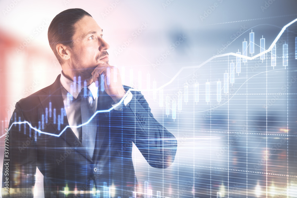 Businessman and business report hologram. Businessman and business report hologram.