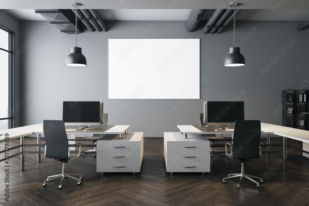 Coworking office interior with empty poster Coworking office interior with empty poster