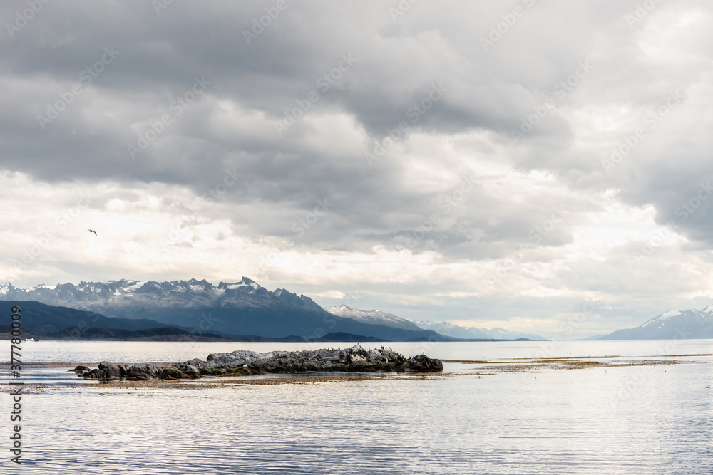 Small rock island with birds in the Beagle Channel with snowy mountains in the background