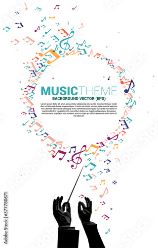 Vector silhouette of conductor hand with music melody note dancing flow . Concept background for classic music concert and recreation.