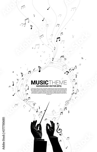 Vector silhouette of conductor hand with music melody note dancing flow . Concept background for classic music concert and recreation.
