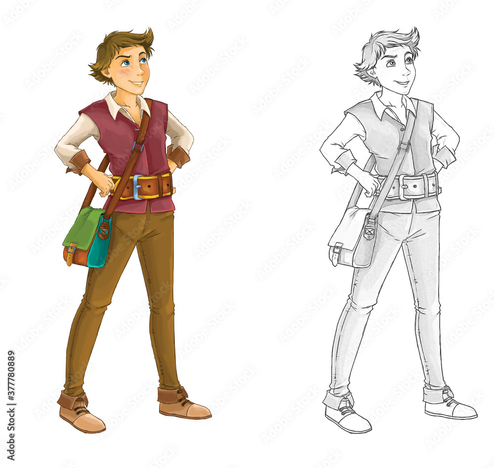 cartoon sketch scene with beautiful and handsome prince on white