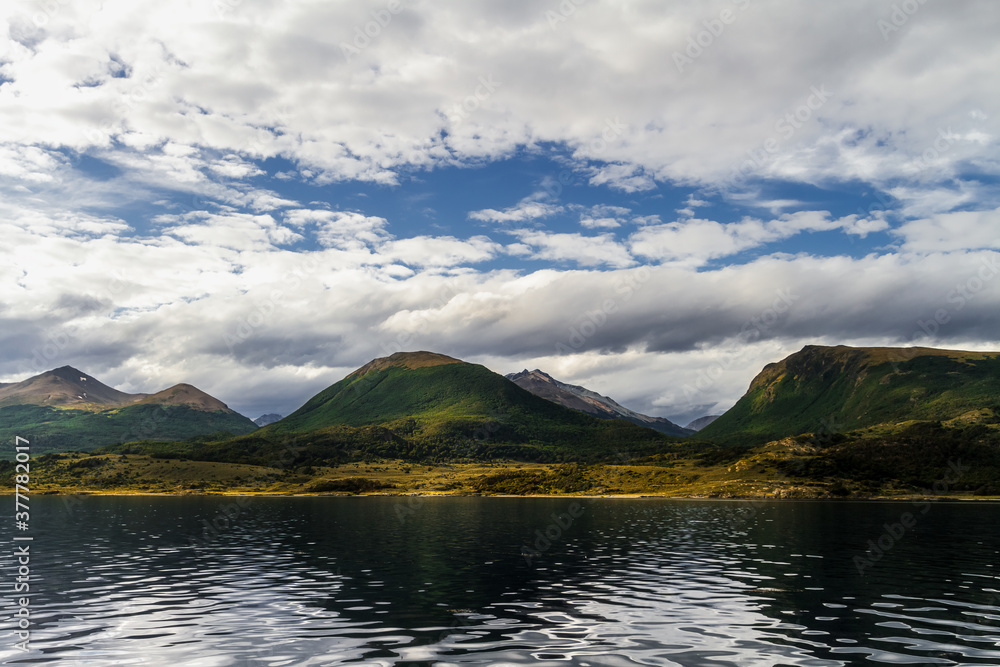 Green mountains seen from the Beagle Channel near Ushuaia, Argentina