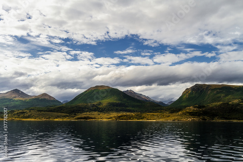 Green mountains seen from the Beagle Channel near Ushuaia, Argentina