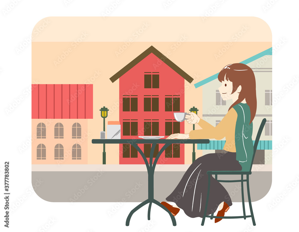 カフェで過ごす女性　スカート　町並み(線無し)