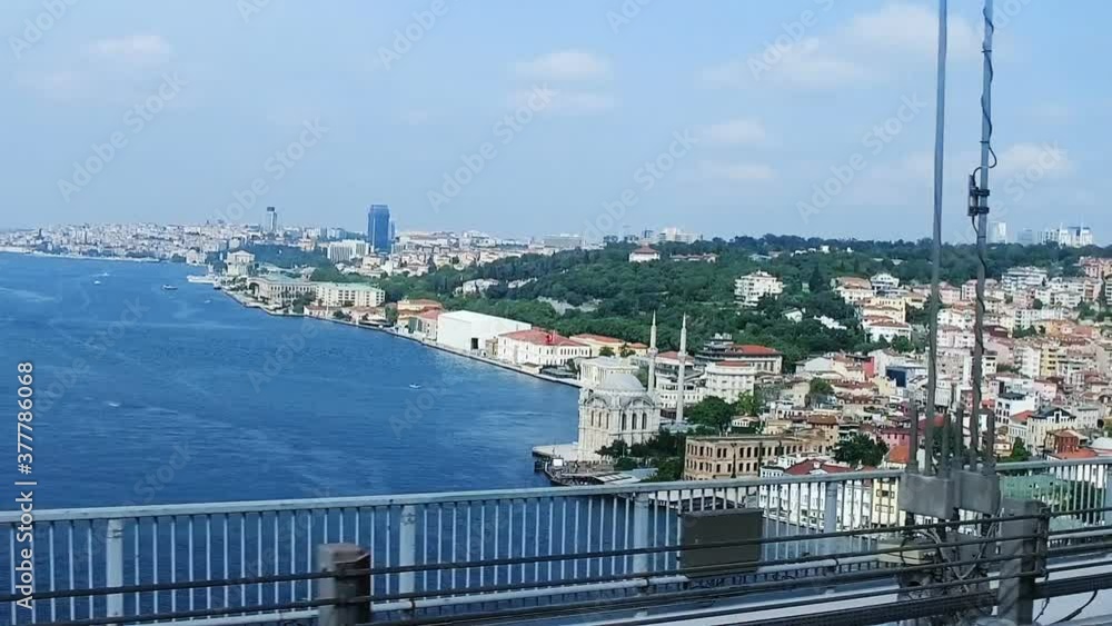 Ortakoy Mosque seen from Bosphorus bridge. Drive pov with amazing view of picturesque istanbul scene. Ortakoy mosque has a very rare architecture style for a mosque Ortakoy Mosque seen from Bosphorus bridge. Drive pov with amazing view of picturesque istanbul scene. Ortakoy mosque has a very rare architecture style for a mosque