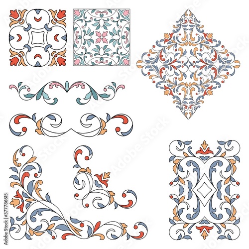 Set of ornamental floral elements for design.