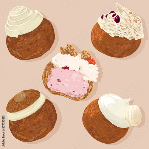 Vanilla, coffee, chocolate, macaron, strawberry cream puffs illustration, swirl and garnish creamy desserts pastry patisserie gourmet detailed hand drawn texture, drawing, food, sweet, snacks