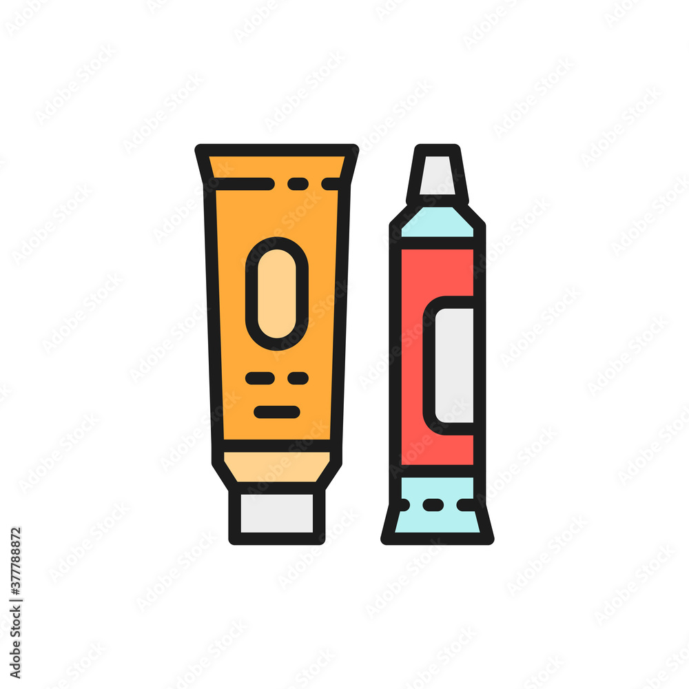 Hand cream, cosmetic tubes, toothpaste flat color line icon. Hand cream, cosmetic tubes, toothpaste flat color line icon.