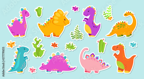 Sticker dinosaur cartoon set. Reptile flat collection  predators and herbivores dino  egg. Funny colorful dinosaurs. Baby design cute animals. Vector illustration isolated on white background