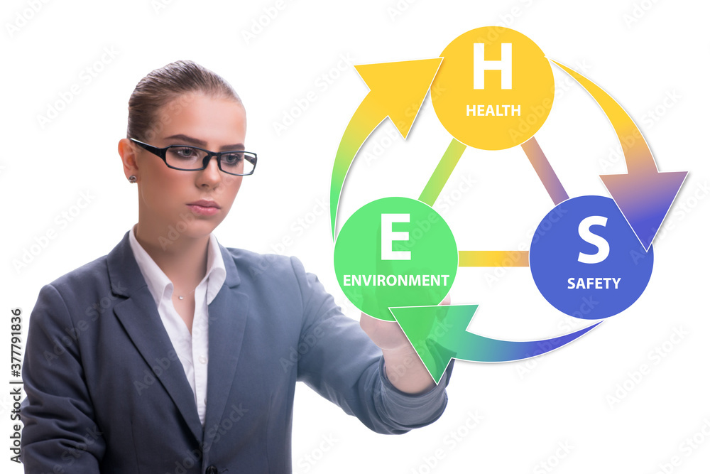 HSE concept with businesswoman pressing virtual button HSE concept with businesswoman pressing virtual button
