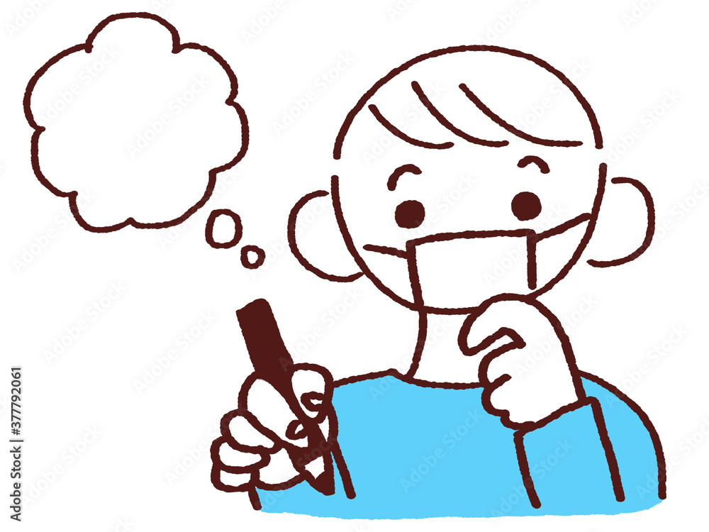顔に手をおきペンを持つ若い笑顔のマスク姿の男性 吹き出し 顔に手をおきペンを持つ若い笑顔のマスク姿の男性 吹き出し