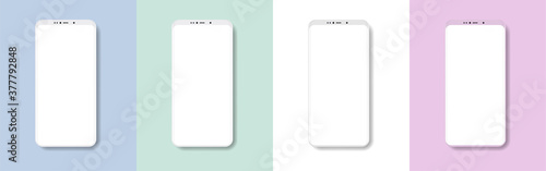 Minimalist modern mockups vector smartphones with colored background. Frontal view cellphone in realistic style with shadow and empty screen. Mockup smartphone 3D set with calm tones of backgrounds