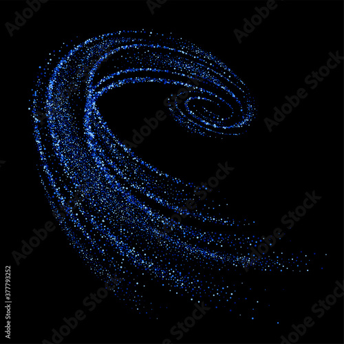 Blue 3d whirlpool, vortex, twist with dynamic particles. Shimmering star dust trail. Vector abstract motion isolated on black background