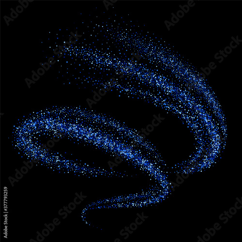 Blue shimmering swirl, vortex or spiral. Isolated abstract motion on black background. Glittering star dust trail. Magic sparkling lines