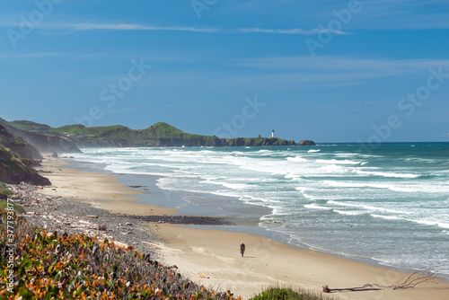 A lone beachcomber on Beverly Beach with Yaquina Head Lighthouse in the background near Newport, Oregon, USA